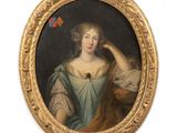 portrait of a lady in a blue dress with a butterfly in her hair