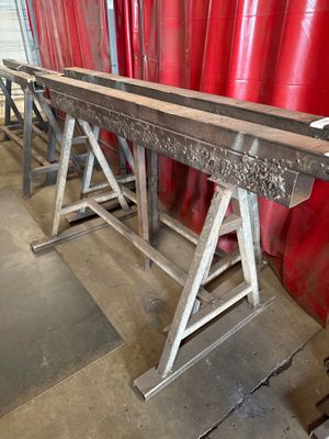 a long table that has a lot of red plastic on it