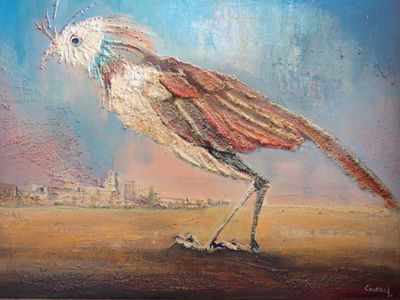 un tableau représentant un oiseau posé au sol