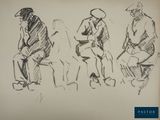 sketches of three people sitting on a bench, one of which is holding a guitar