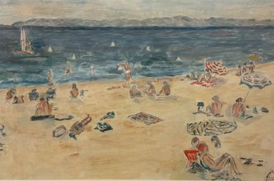 a painting of people on the beach by the water