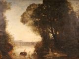 une image représentant un tableau où l'on voit une rivière avec des personnes et des animaux