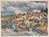 une image représentant une aquarelle représentant un paysage avec des arbres et des buissons