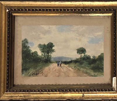 une peinture à l'huile représentant un chemin de terre sur lequel se trouvent deux personnes