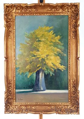 an oil painting of a tree in a vase on a easel