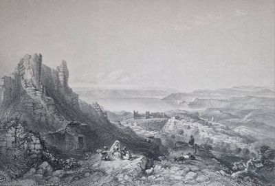 painting of a view of a rocky landscape with a castle in the distance