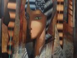 tableau représentant une femme coiffée d'un chapeau et d'une écharpe, devant une fenêtre