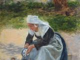 an oil painting of a woman sitting on the ground next to a pot