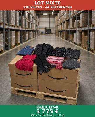 une photo d'un carton rempli de vêtements dans un entrepôt