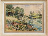 an image of a painting of a boat on a river
