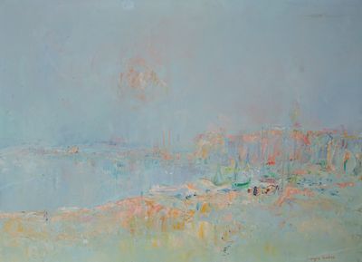 une image d'une peinture représentant une scène de plage avec un bateau dans l'eau