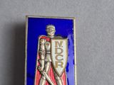 a close up of a badge with a man holding a sword