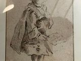 a drawing of a man holding a bird in his hand