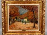 an image of a painting of a park scene with a horse drawn carriage