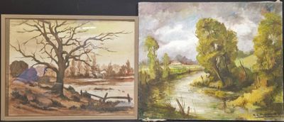 two paintings of trees and a river are shown in a frame
