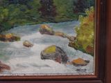 a painting of a river with rocks in it
