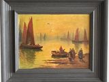 an oil painting of a group of people on a beach near a body of water
