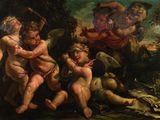 une reproduction d'un tableau représentant un groupe de chérubins dans un bosquet