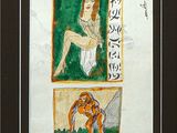 painting of a woman sitting on the ground with a man in the background