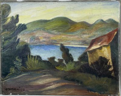 une peinture à l'huile représentant une maison située sur une colline surplombant un plan d'eau