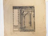un vieux dessin représentant une porte avec une fenêtre et un rideau