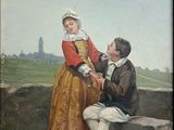 painting of a man and woman sitting on a bench with a cat nearby
