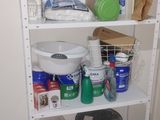 a shelf with various items on it in a room