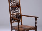 une image représentant une chaise en bois avec un dossier et des accoudoirs sculptés
