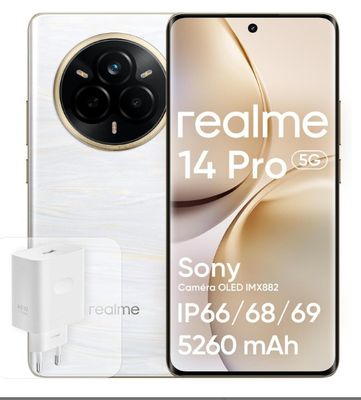 le smartphone realme 4 Pro avec son chargeur et son câble de recharge