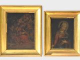 two framed paintings of a woman holding a cat and a man holding a dog
