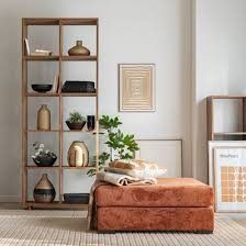 un salon avec un pouf marron et une bibliothèque