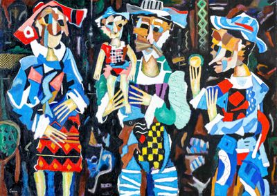 painting of a group of people dressed in colorful clothes and hats