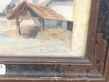a picture of a painting of a hut in the snow