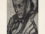 dessin représentant une vieille femme portant un foulard sur la tête