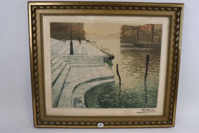 painting of a boat in a body of water next to a dock