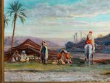painting of a man on a horse with a group of people in the background