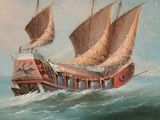 painting of a sailing ship in rough water with a few people on board