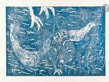 une image représentant un dessin en bleu et blanc d'un poisson et d'un oiseau