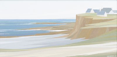 a picture of a painting of a beach with houses in the background