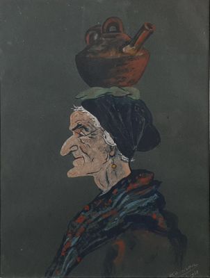 painting of an old woman with a pot on her head