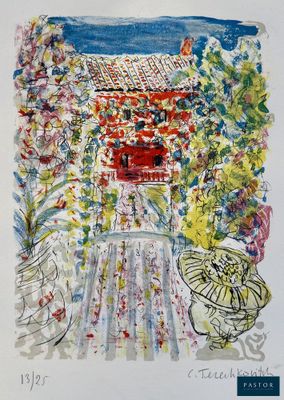 an image of a painting of a garden with a red house in the background