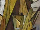 une peinture abstraite représentant une pyramide avec le ciel en arrière-plan