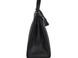 a black leather handbag on a white background