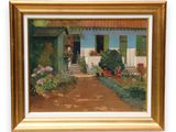 painting of a house with a garden and flowers in front of it