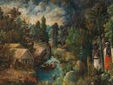 un tableau représentant un homme et une femme dans les bois