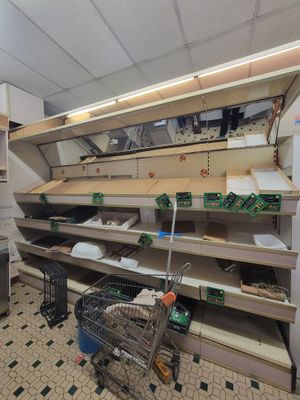 many empty shelves in a store with many items on them
