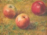 tableau représentant trois pommes dans un champ d'herbe, dont une rouge et une verte