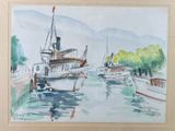 a watercolor painting of a boat in the water