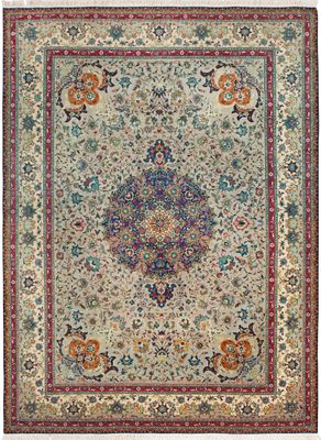 an antique persian rug with a floral design on a beige ground