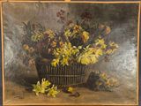 peinture représentant un panier de fleurs posé sur une table, avec une paire de ciseaux
